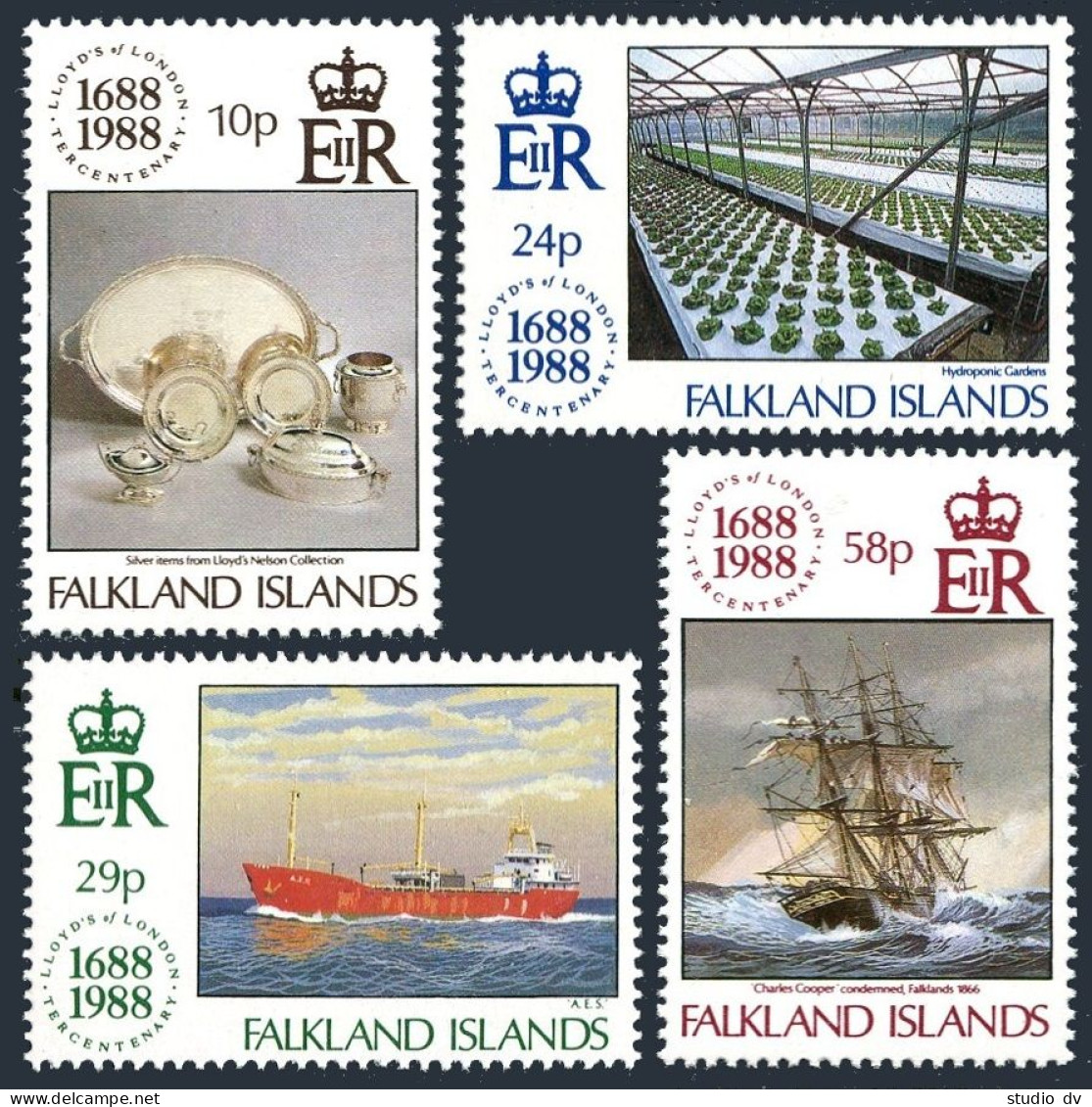 Falkland 481-484, MNH. Mi 484-487. Lloyds Of London,300, 1988. Ships, Shipwreck. - Falkland