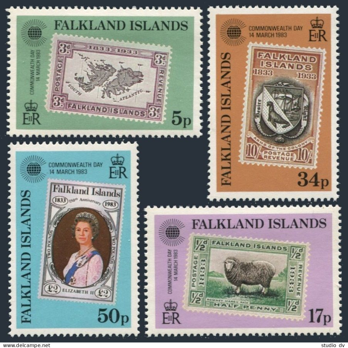 Falkland 371-374, MNH. Mi 374-377. Commonwealth Day,1983. Map, Sheep, Arms-bird. - Falkland Islands