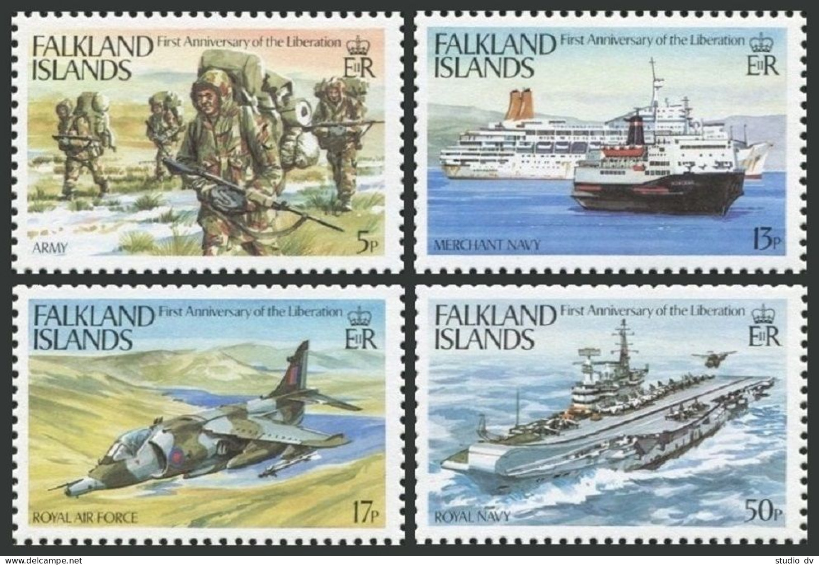 Falkland 375-378a, MNH. Mi 378-381,Bl.3. Liberation 1983. Army, Navy, Air Force. - Falklandinseln