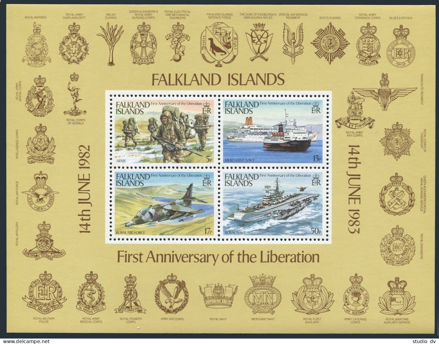 Falkland 375-378a, MNH. Mi 378-381,Bl.3. Liberation 1983. Army, Navy, Air Force. - Falkland Islands