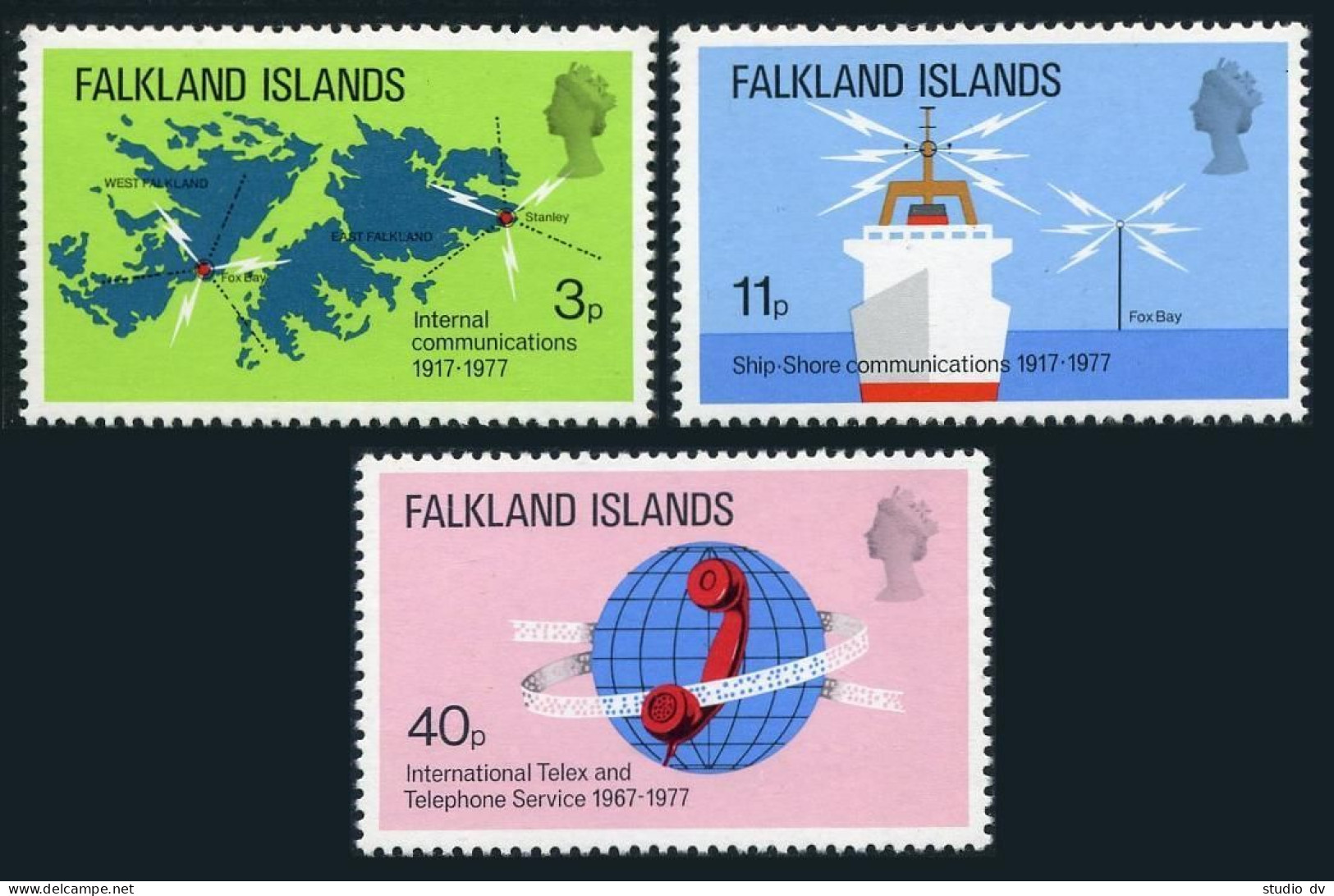 Falkland 257-259, MNH. Mi 252-254. Telecommunications 1977. Map,Ship, Telephone. - Falklandinseln