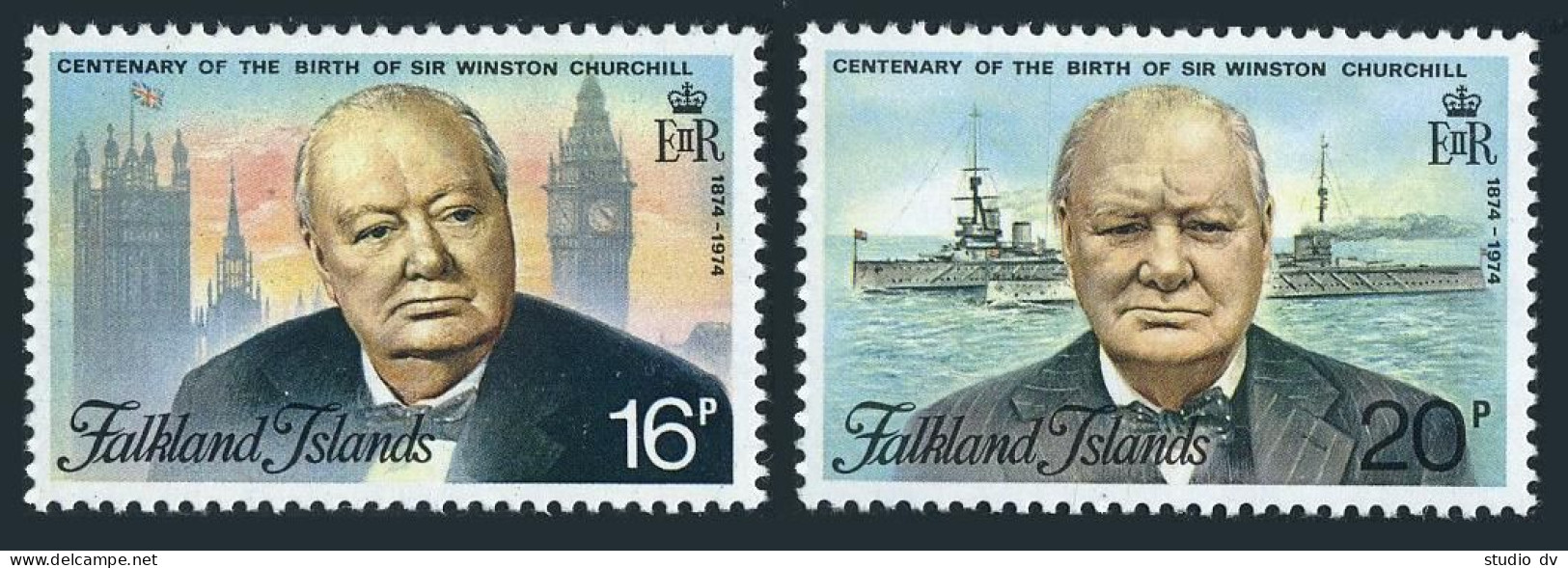 Falkland 235-236, 236a, MNH. Winston Churchill, 1974. Parliament, Big Ben, Ship. - Falkland Islands