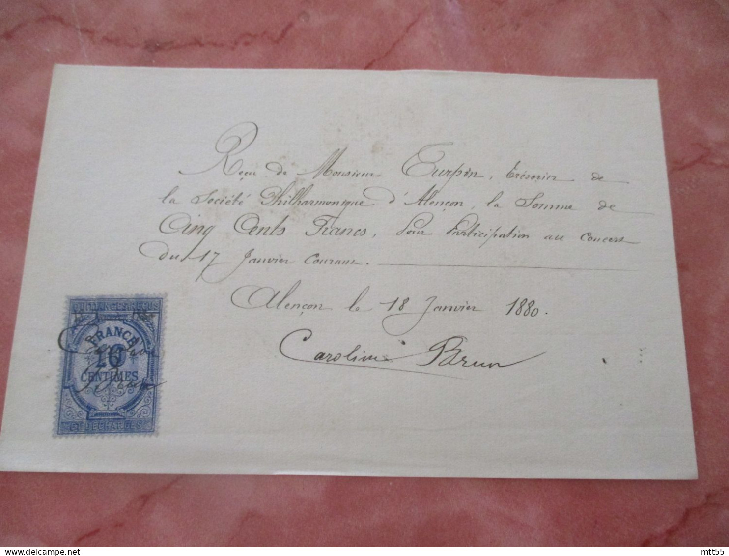 CAROLINE BRUN CHANTEUR CONSERVATOIRE QUITTANCE MANUSCITE TIMBRE FISCAL 1885 CONCERCERT A ALENCON AUTOGRAPHE - Manuskripte