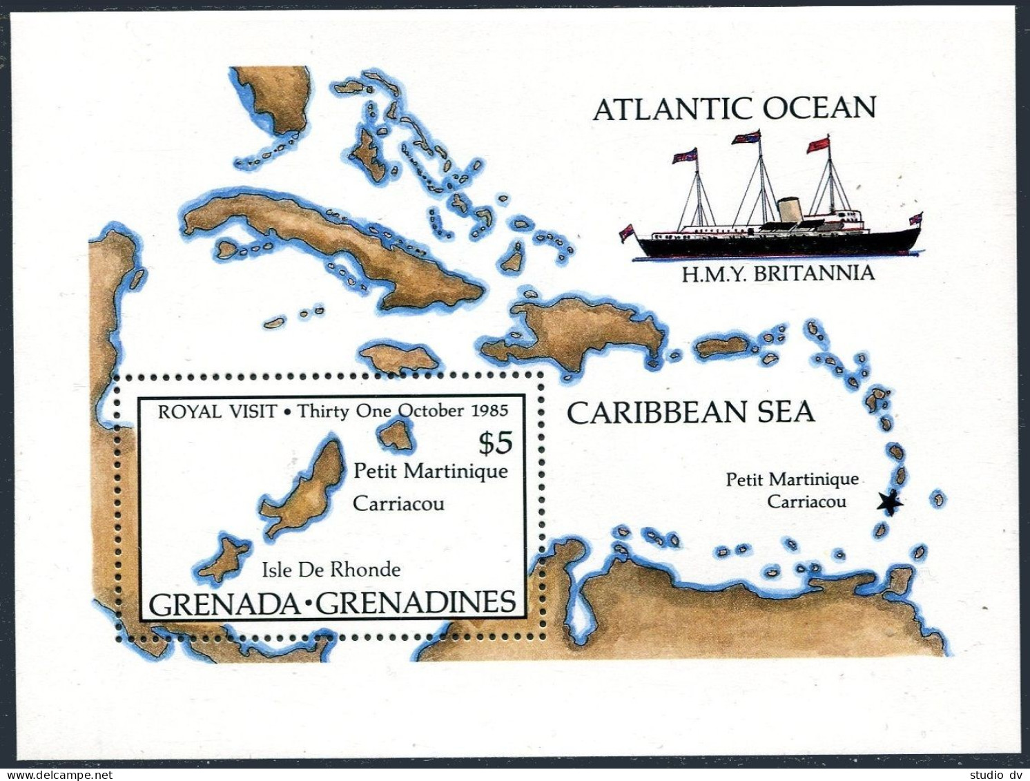 Grenada Gren 707,MNH.Michel 716 Bl.99. QE II Visit,1985.HMY Britannia,Map. - Grenade (1974-...)