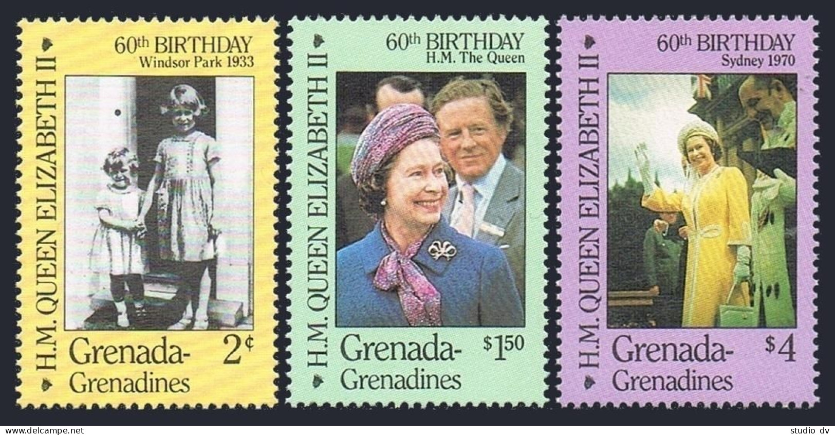 Grenada Gren 749-751,752,MNH.Mi 758-760,Bl.108. Queen Elizabeth II,60th Birthday - Grenade (1974-...)