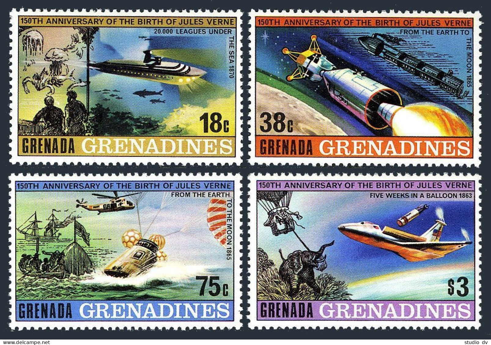 Grenada Gren 323-326,327,MNH.Mi 330-334. Jules Verne.Plane,Ship,Helicopter,Space - Grenade (1974-...)
