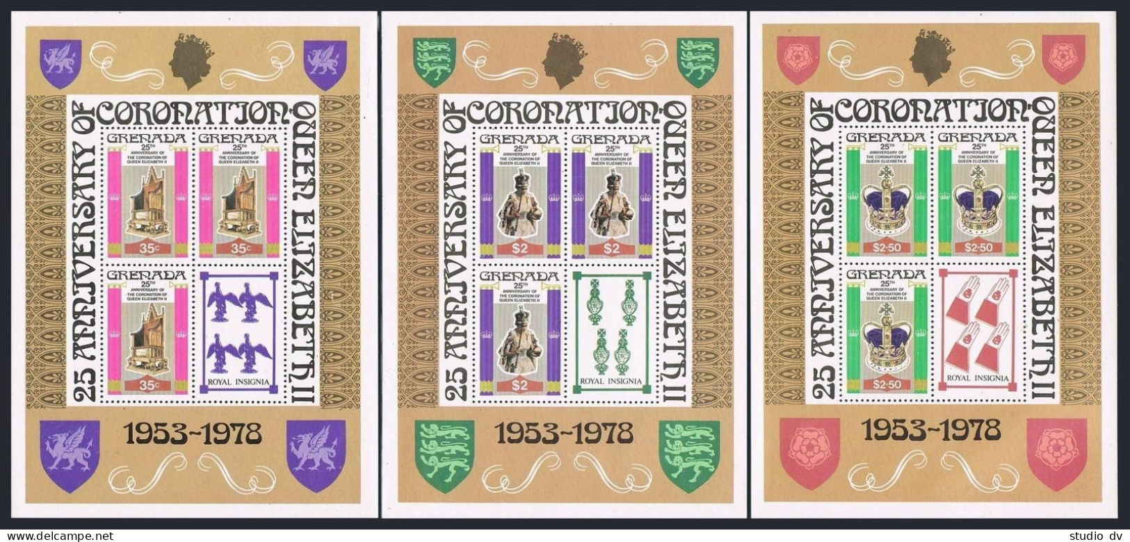 Grenada 873-875 Sheets 3/label,MNH.Michel 915-917 Klb. QE II Coronation,25,1978. - Grenade (1974-...)