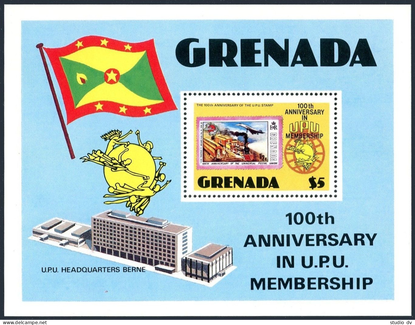 Grenada 1082,MNH.Michel Bl.101. UPU Memberships-100,1981.Train,Concorde. - Grenade (1974-...)