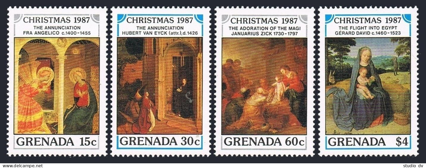 Grenada 1571-1574,1575, MNH. Michel 1712-1715,Bl.198. Christmas 1987. Paintings. - Grenade (1974-...)