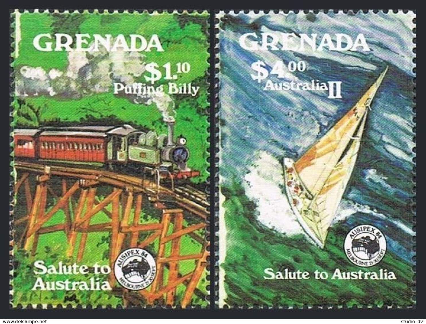 Grenada 1219-1220,MNH. Mi 13.22-1323. AUSIPEX-1984.Puffing Billy Railroad,Yacht. - Grenade (1974-...)