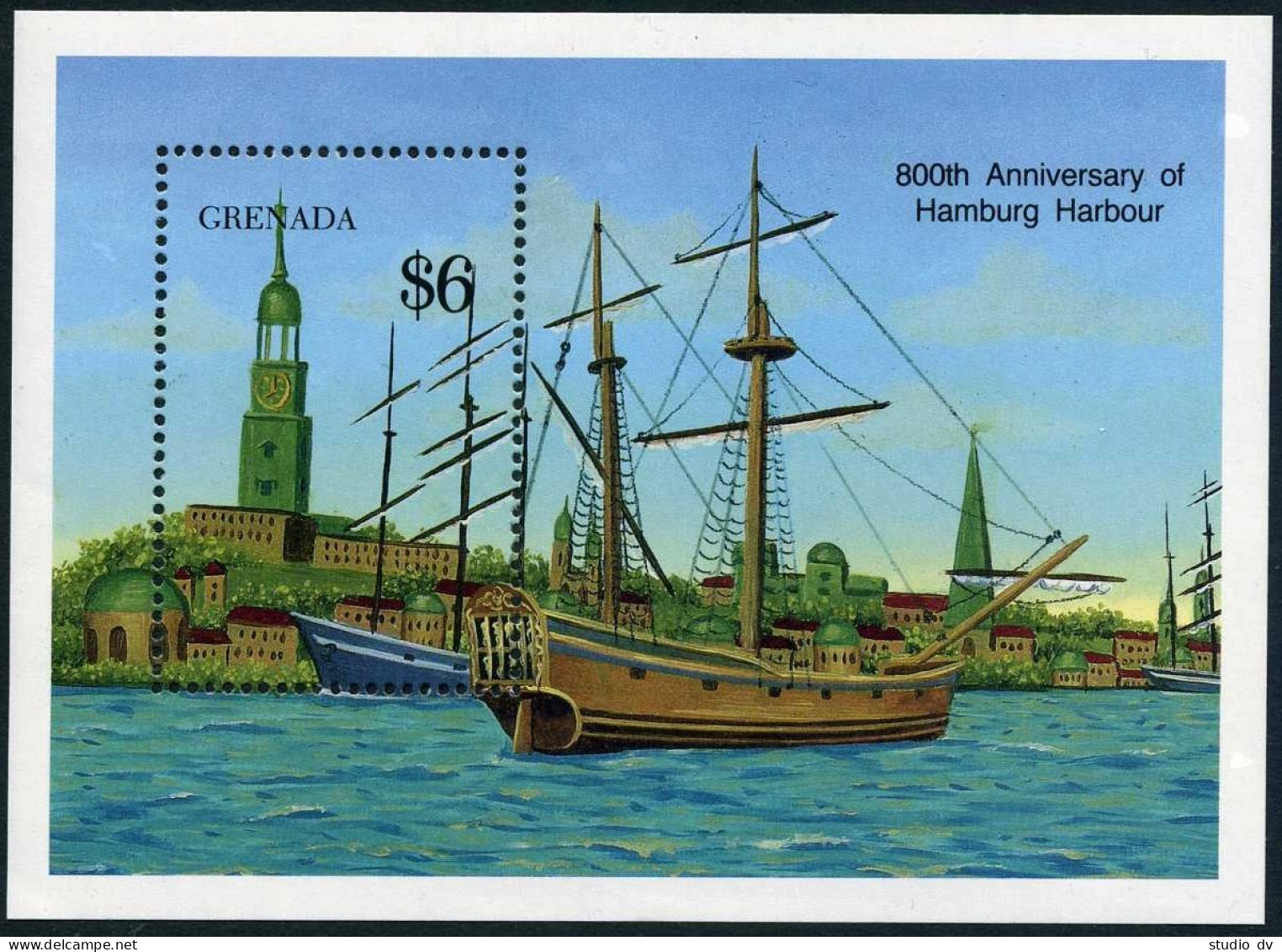 Grenada 1799, MNH. Michel 2076 Bl.236. Hamburg, 800th Ann.1990. Ship, 13th Cent. - Grenada (1974-...)