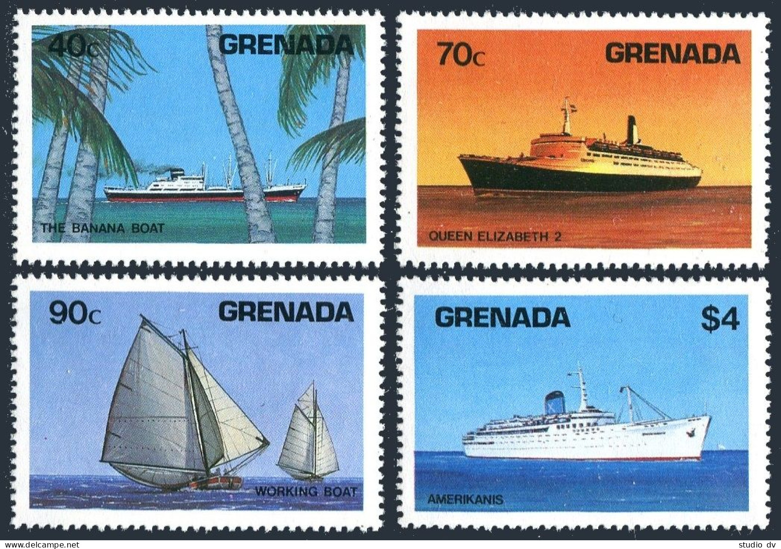 Grenada 1195-1198,1199,MNH.Michel 1307-1310,Bl.128. Ships 1984.Banana Boat,QE II - Grenade (1974-...)