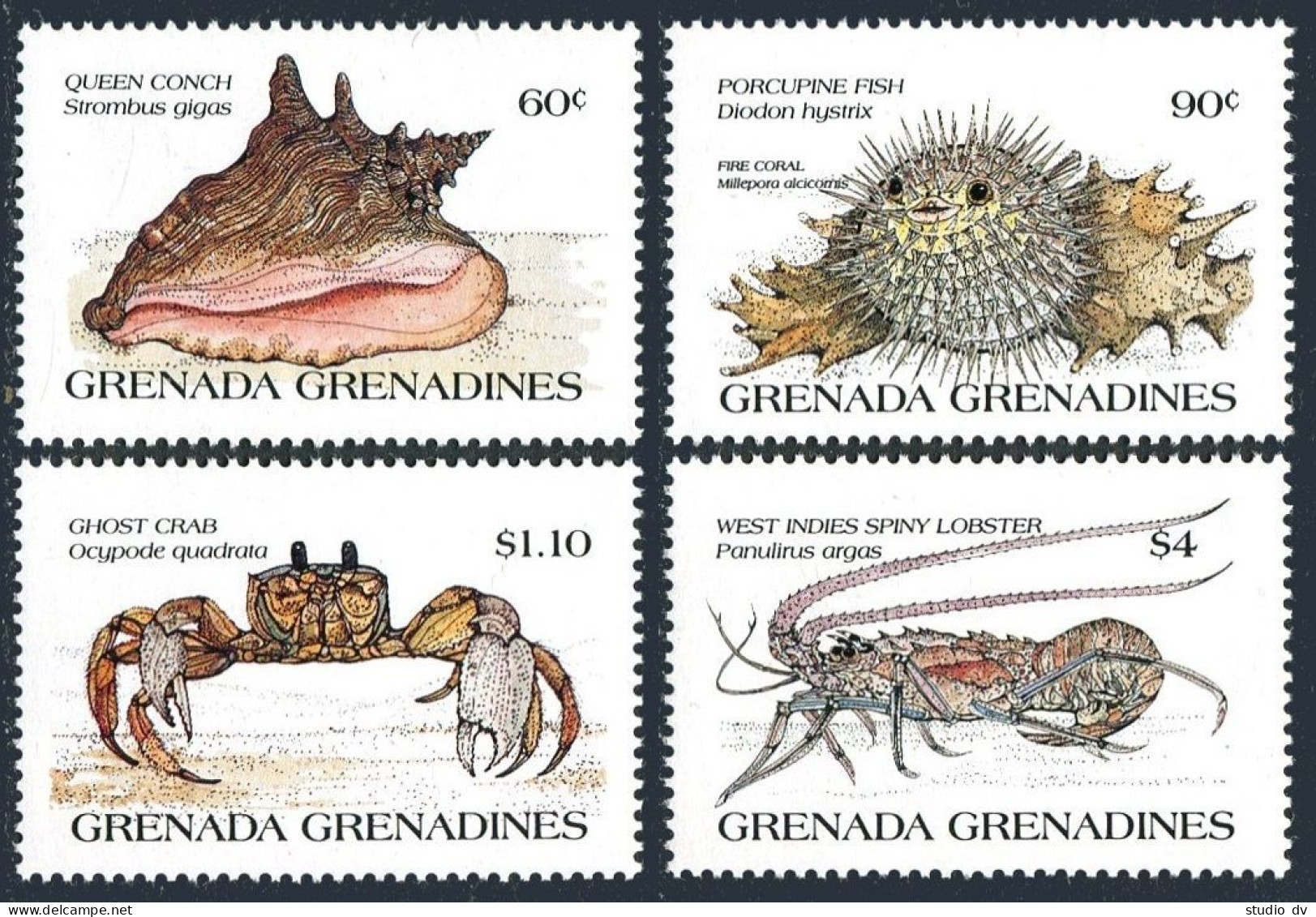 Grenada Gren 694-697,698, MNH. Mi 703-706,Bl.97. Conch,Fish,Crab,Lobster,Urchin. - Grenade (1974-...)