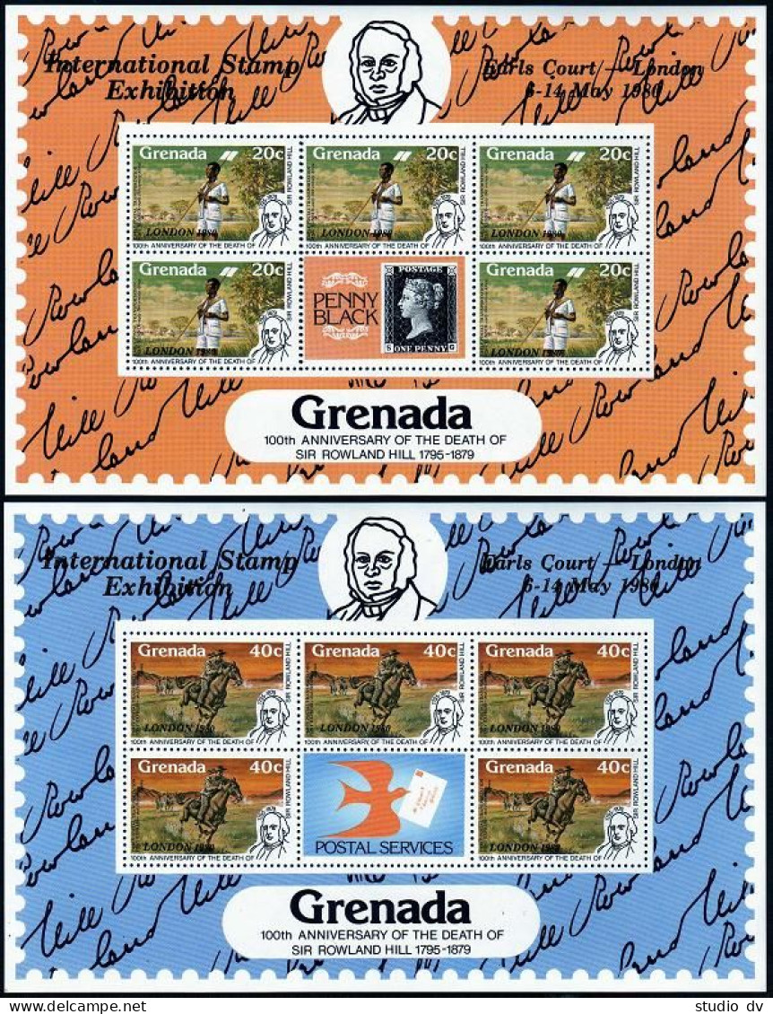 Grenada 989A-989D Sheets, MNH. Mi 1036-1039 Klb. LONDON-1980. Sir Rowland Hill. - Grenade (1974-...)