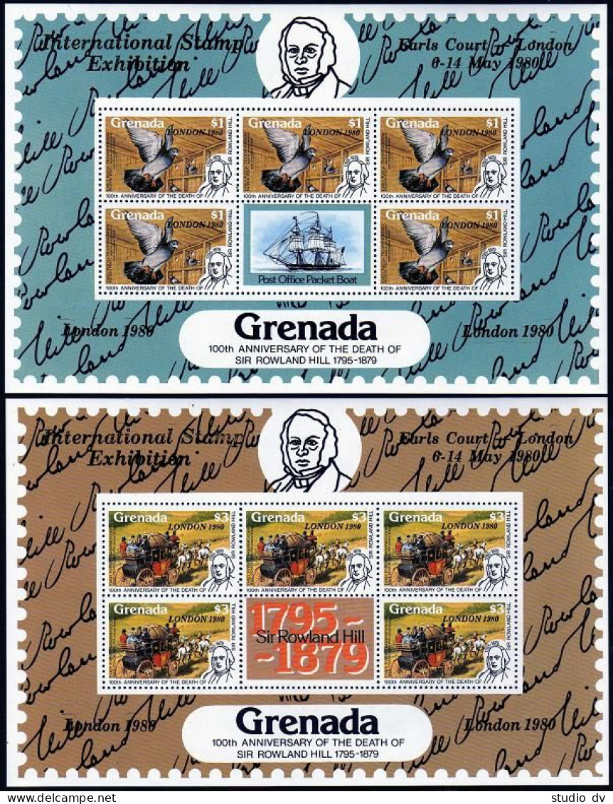Grenada 989A-989D Sheets, MNH. Mi 1036-1039 Klb. LONDON-1980. Sir Rowland Hill. - Grenada (1974-...)