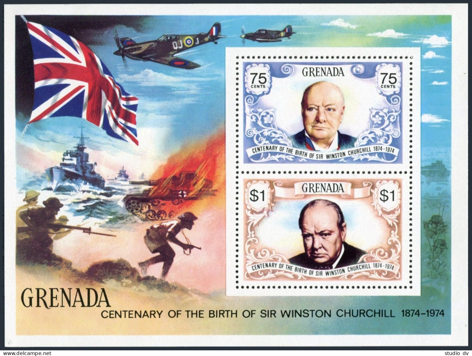 Grenada 573 Sheet, MNH. Michel Bl.37. Sir Winston Churchill, 1974. WW II Scenes. - Grenada (1974-...)