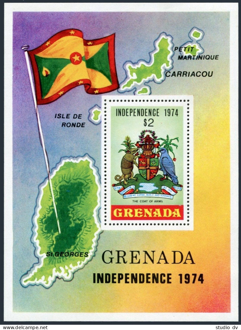 Grenada 552, MNH. Michel 588 Bl.35. Independence 1974. Map, Flag, Coat Of Arms. - Grenada (1974-...)