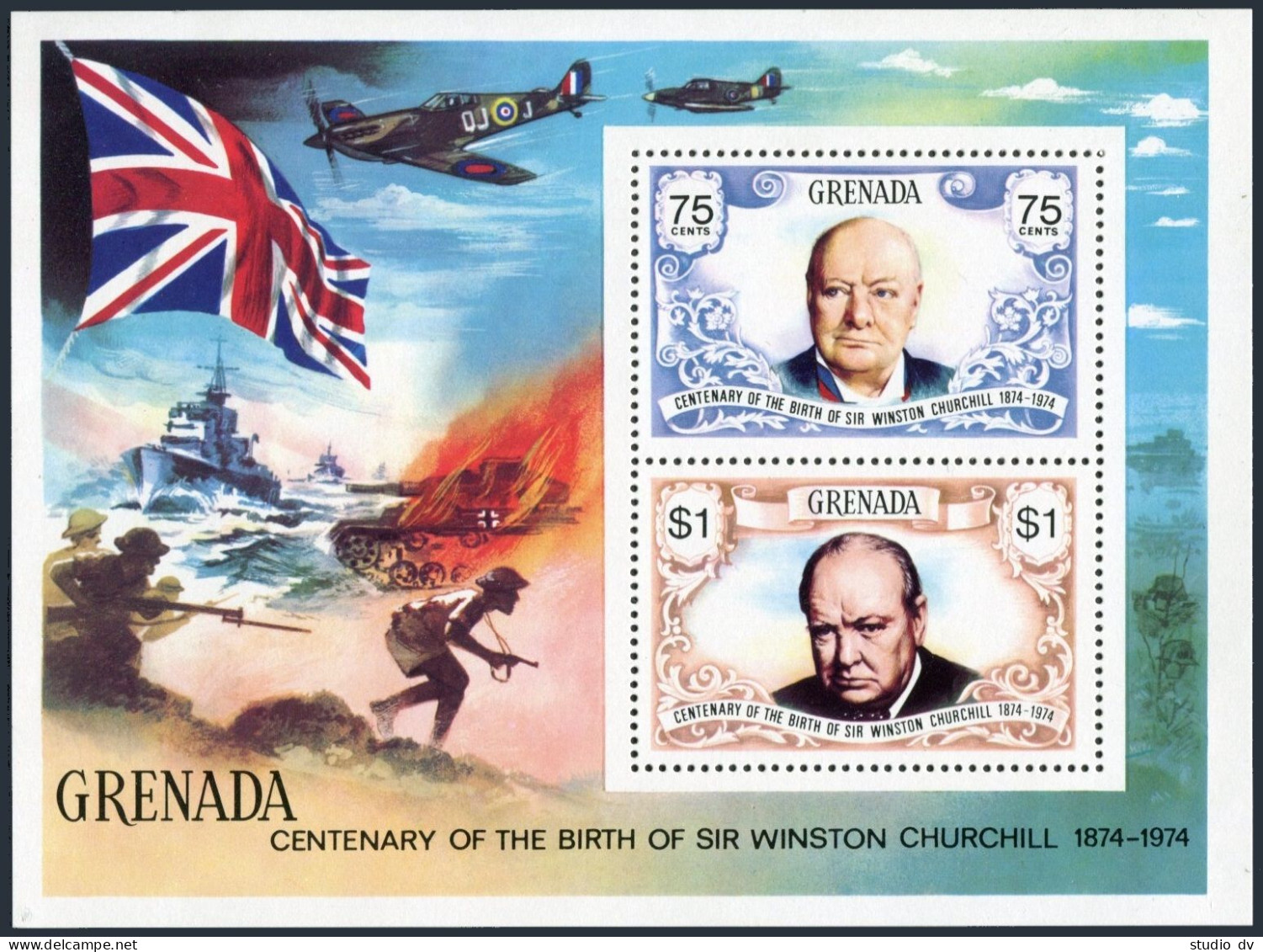 Grenada 571-573, MNH. Mi 598-600, Bl.37. Sir Winston Churchill. WW II Scene.1974 - Grenada (1974-...)