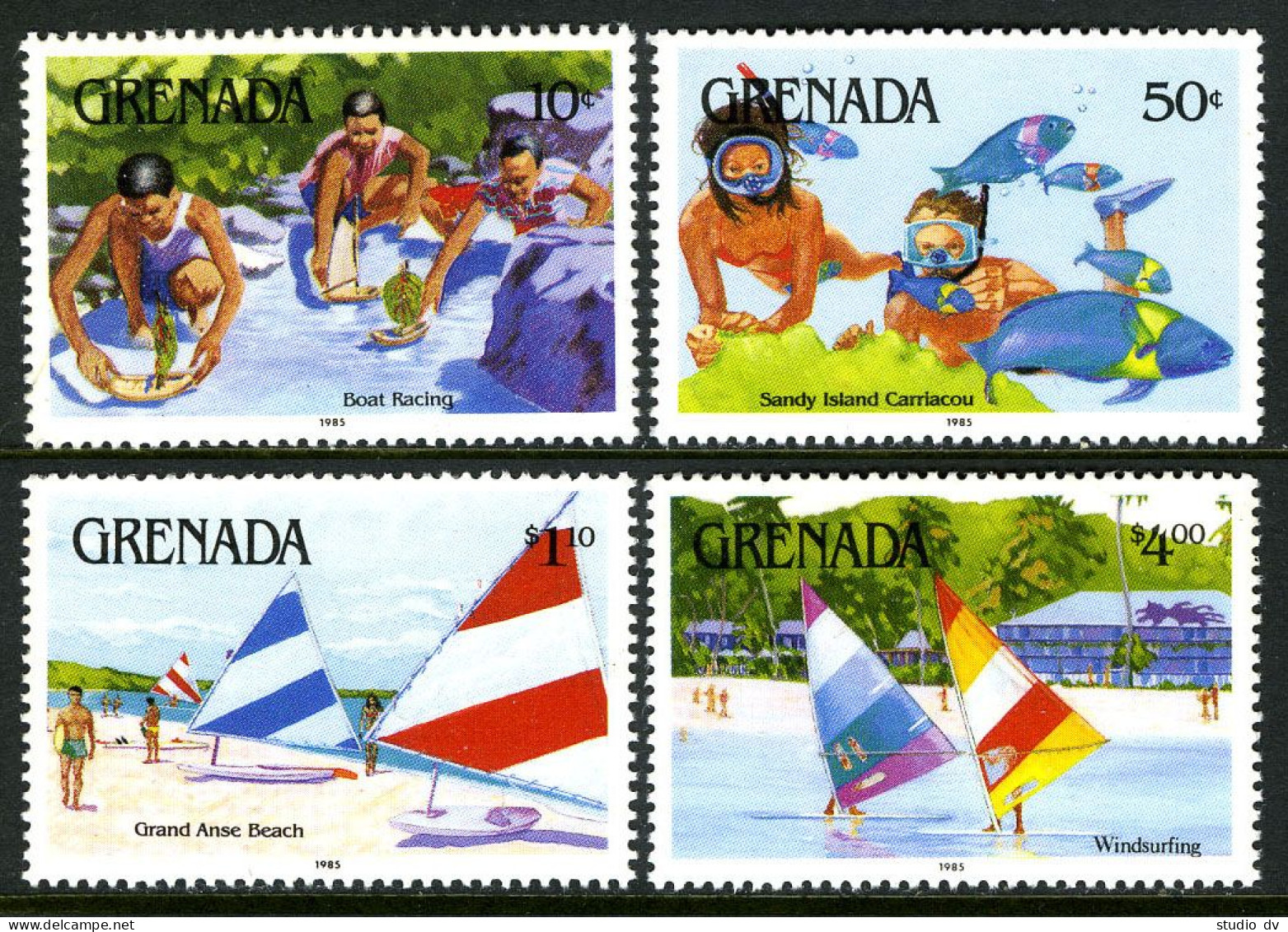 Grenada 1275-1278, MNH. Mi 1367-1370. Water Sport 1985. Model Boat Racing, Diver - Grenada (1974-...)