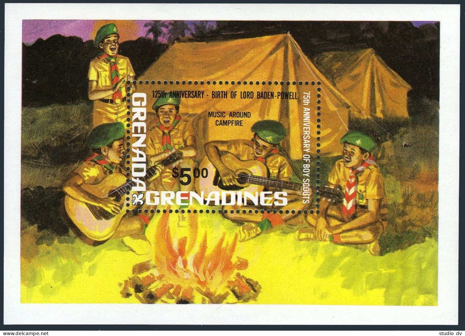 Grenada Gren 479 Sheet,MNH.Michel 489 Bl.62. Scouting Year 1982.Guitar-Campfire. - Grenada (1974-...)
