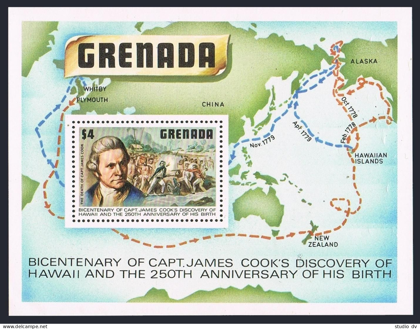 Grenada 899, MNH. Mi 940 Bl.78. Capt James Cook's Arrival In Hawaii, 1978. Map. - Grenada (1974-...)