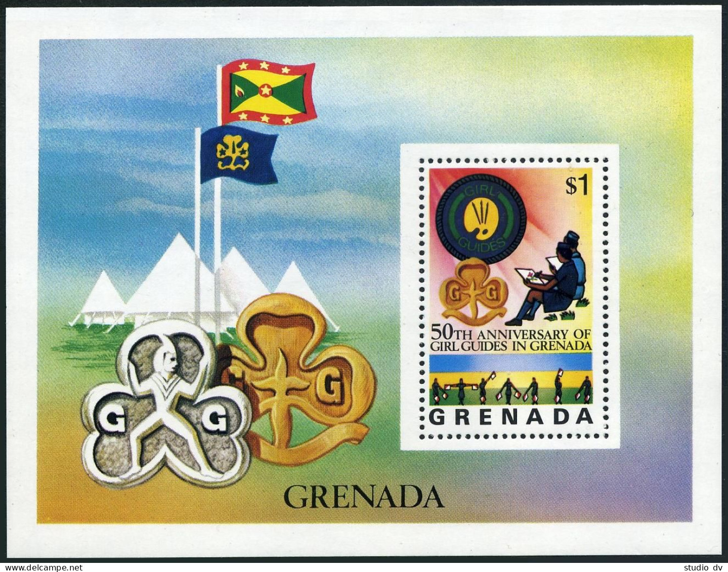 Grenada 730, MNH. Michel 766 Bl.55. Girl Guides Of Grenada-50. 1976. Drawing. - Grenada (1974-...)