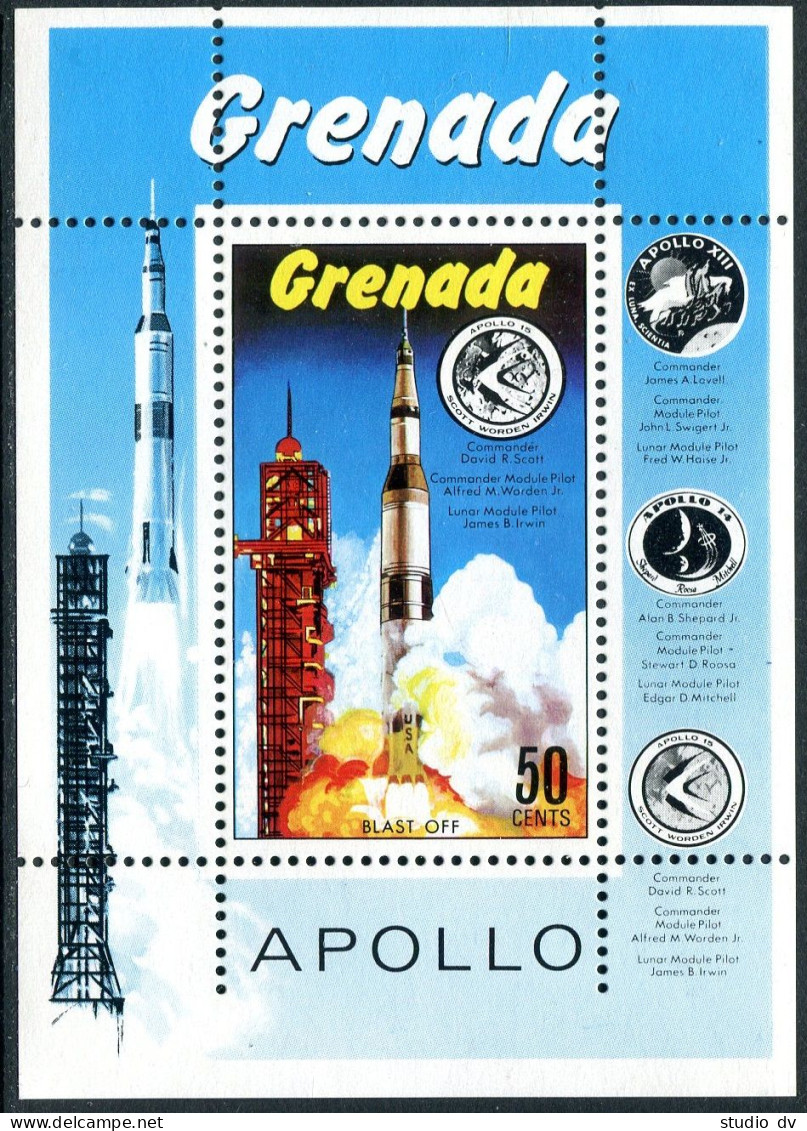 Grenada 421-426, 427, MNH. Mi 406-411, Bl.16. Apollo 13-15 Flights.Rocket. 1971. - Grenada (1974-...)