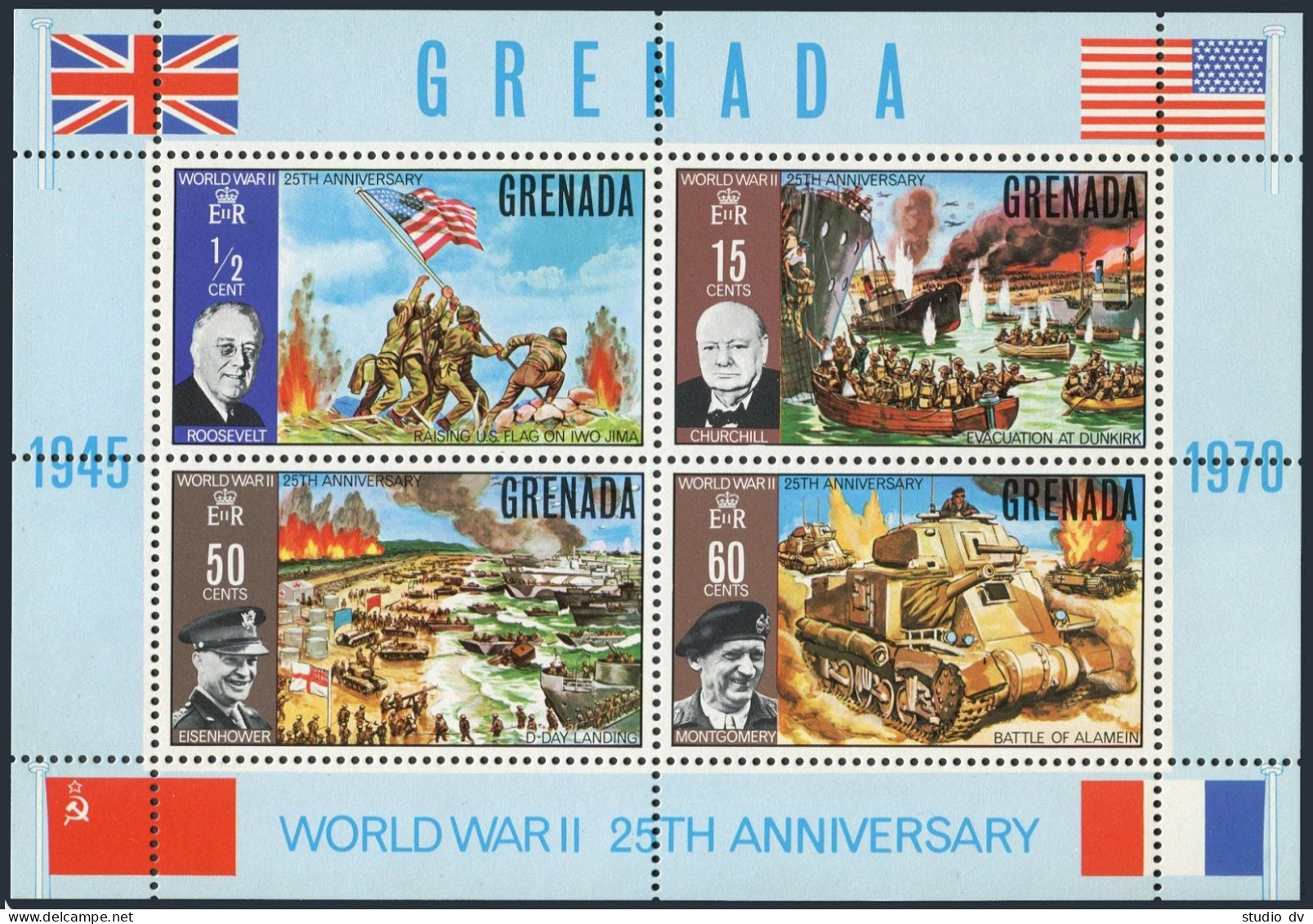 Grenada 378a, MNH. Mi Bl.9. End Of WW II,25,1970. Roosevelt,Churchill,Eisenhower - Grenada (1974-...)