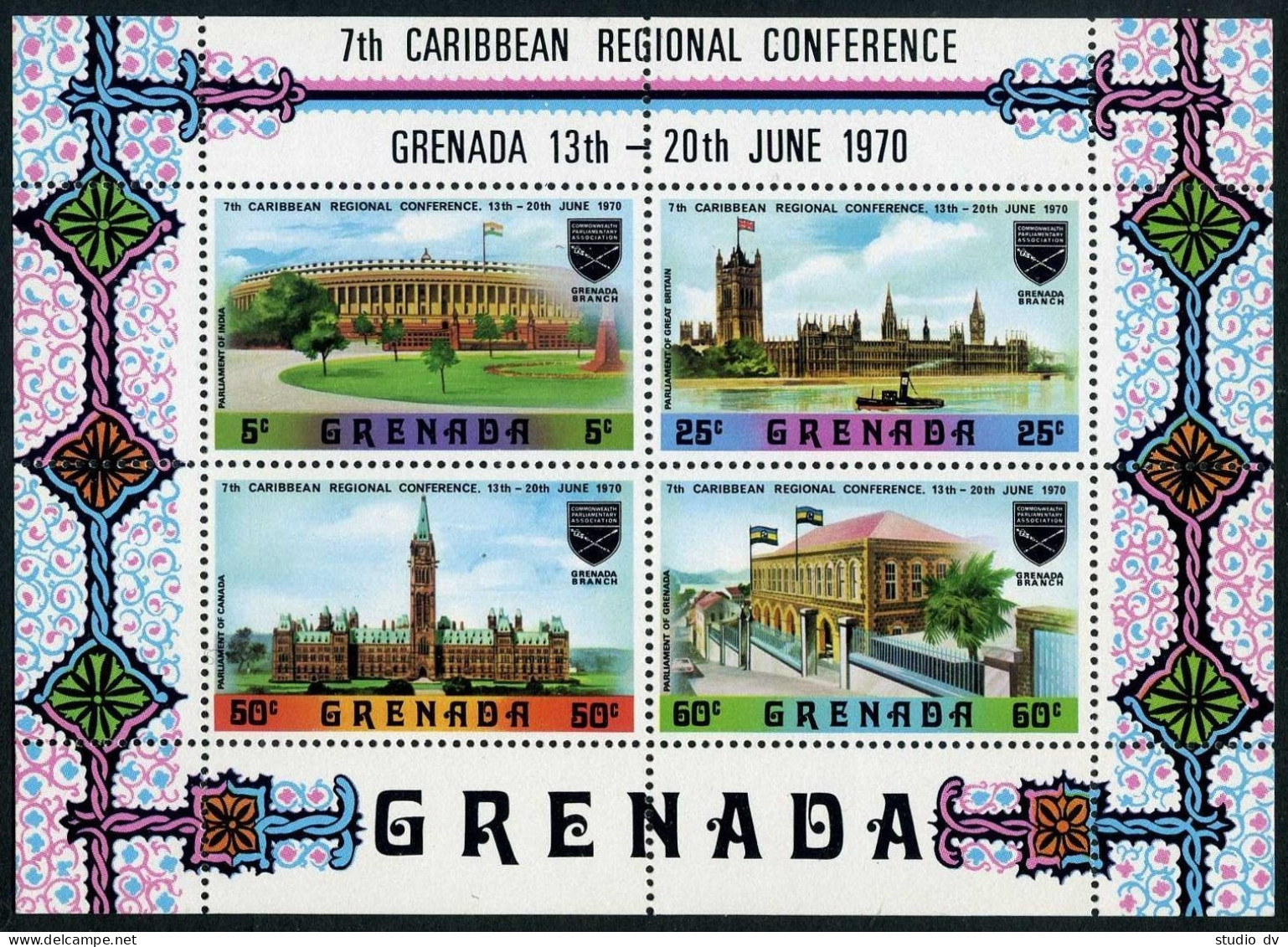 Grenada 362-365, 365a Sheet, MNH. Mi 354-357,Bl.6. Commonwealth Parliament, 1970 - Grenada (1974-...)