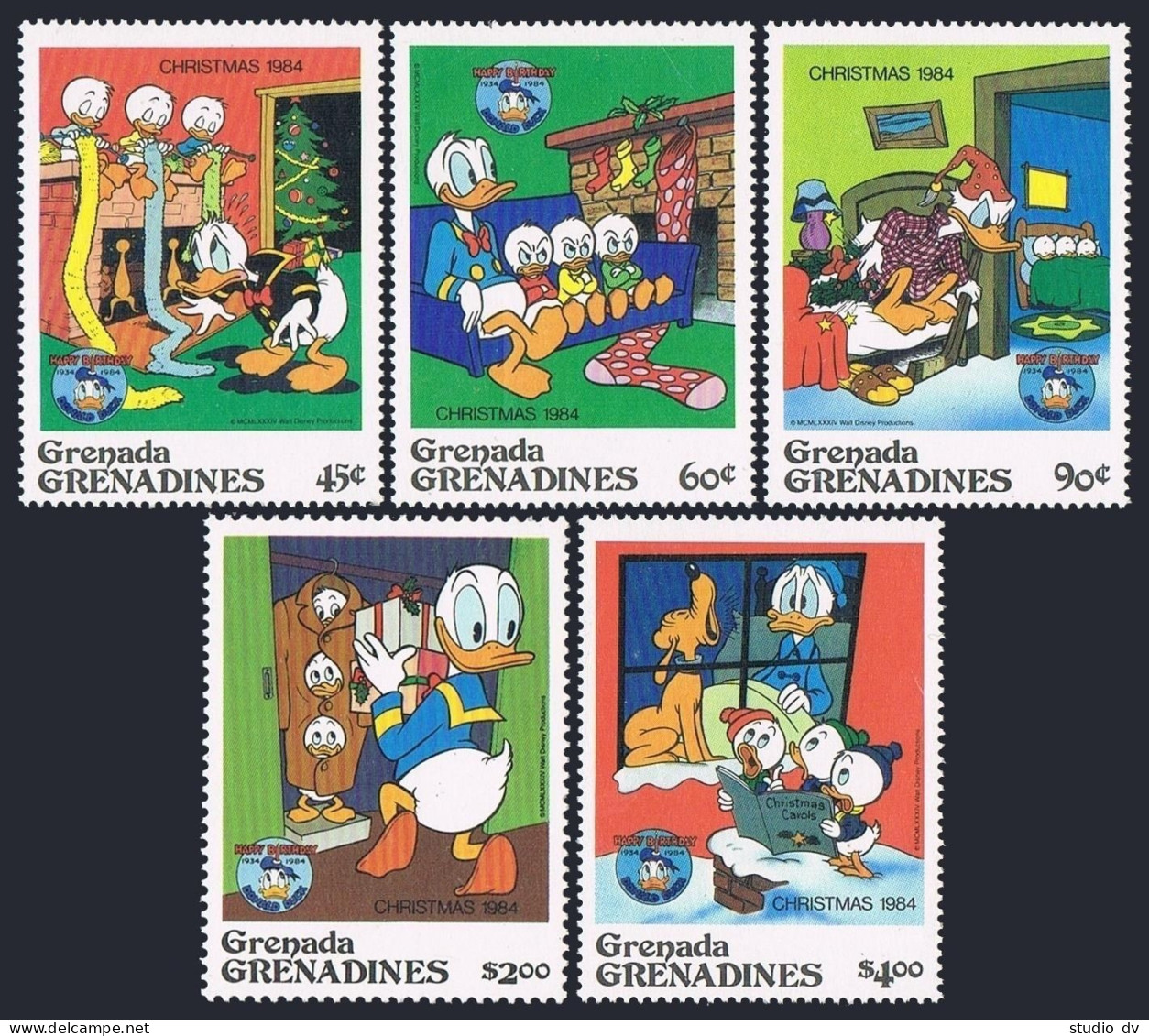 Grenada Gren 631-635, 636, MNH. Mi 641-645, Bl.89. Christmas 1984. Walt Disney. - Grenada (1974-...)