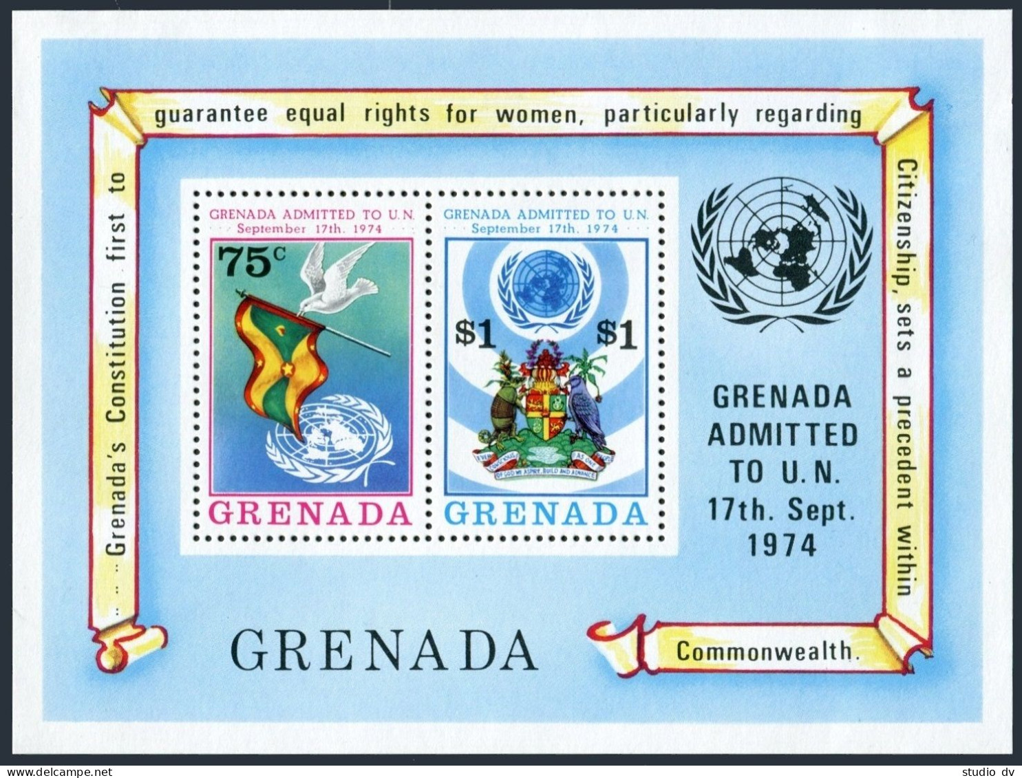 Grenada 627 Sheet, MNH. Mi 654-655 Bl.41. Admission To UN, 1975. Flag, Dove, Arm - Grenada (1974-...)