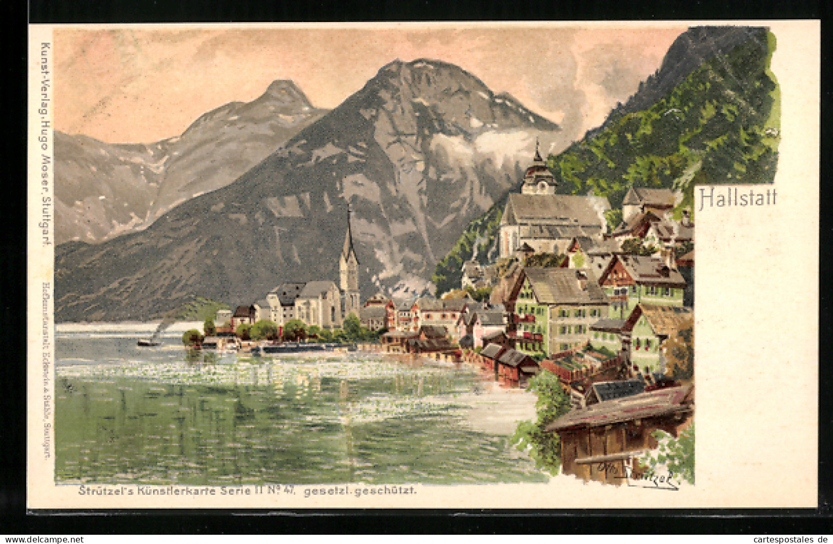 Künstler-Lithographie Otto Strützel: Hallstatt, Teilansicht Des Ortes  - Altri & Non Classificati