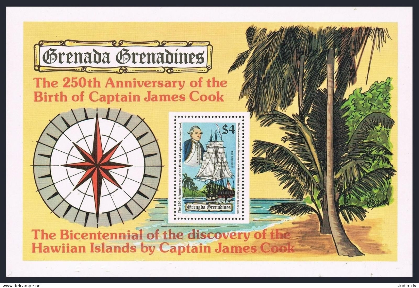 Grenada Gren 307,MNH.Michel Bl.4. Captain James Cook,1978.Sailing Ship. - Grenade (1974-...)