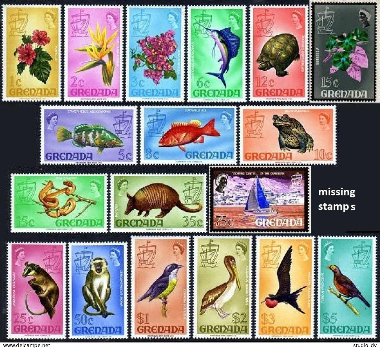 Grenada 294/309,MNH. Flora,Fauna 1968-1969.Hibiscus,Birds,Fish,Toad,Tortoise,Boa - Grenade (1974-...)