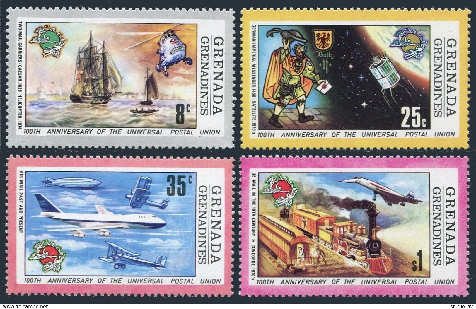 Grenada Gren 24-28,MNH.Michel 26-29,Bl.3. UPU-100,1974.Ship,Concorde,Zeppelin. - Grenade (1974-...)