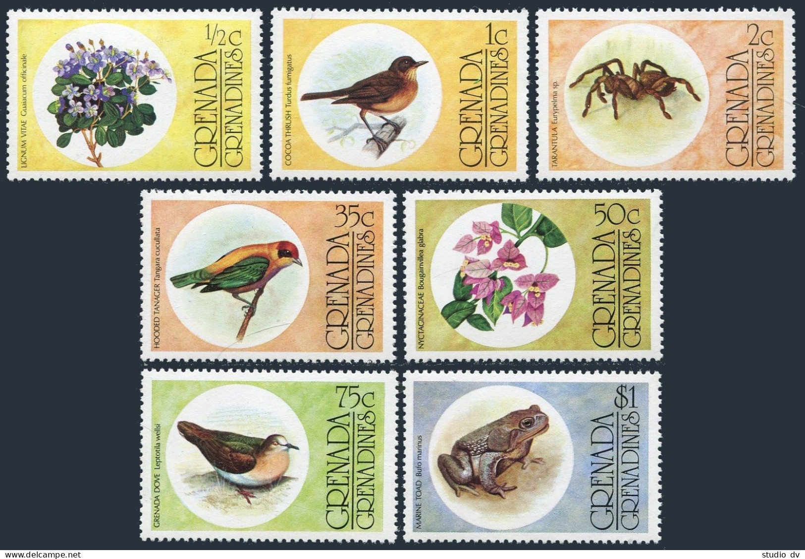 Grenada Gren 145-151,152, MNH. Mi 149-156, Bl.17.  Flora,Fauna 1976. Birds,Toad, - Grenade (1974-...)