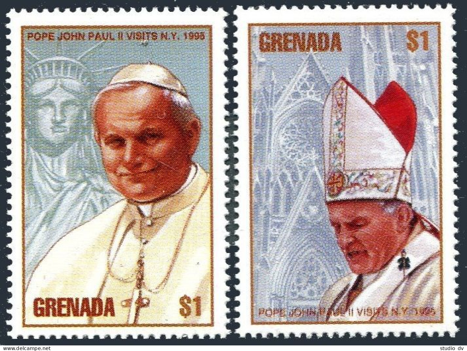 Grenada 2508-2509, MNH. Pope John Paul II, 1995 Visit To New York. - Grenada (1974-...)