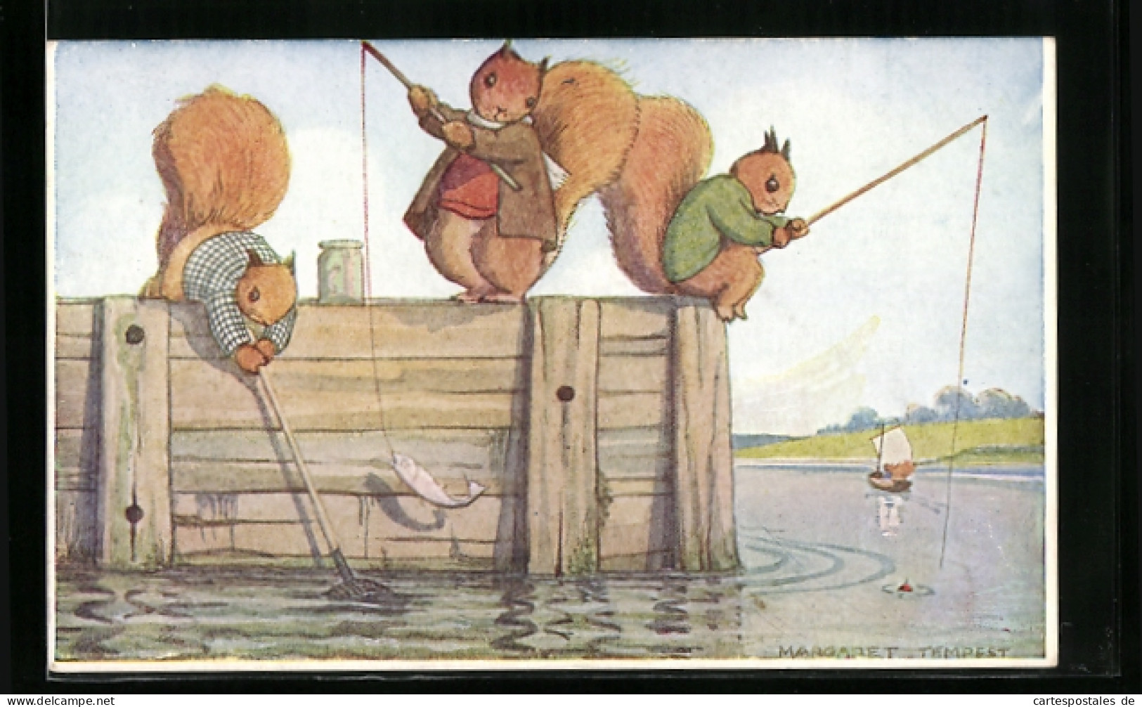 Künstler-AK Margaret Tempest: Fishing, Eichhörnchen Beim Angeln  - Sonstige & Ohne Zuordnung