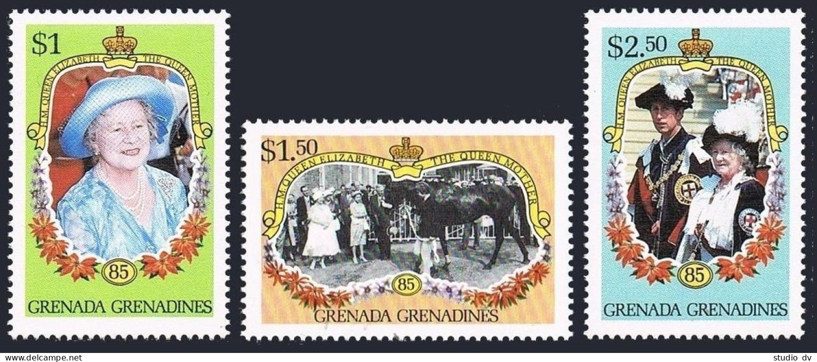 Grenada Grenadines 682-684, MNH. Michel 691-694. Queen Mother Elizabeth, 1985. - Grenada (1974-...)
