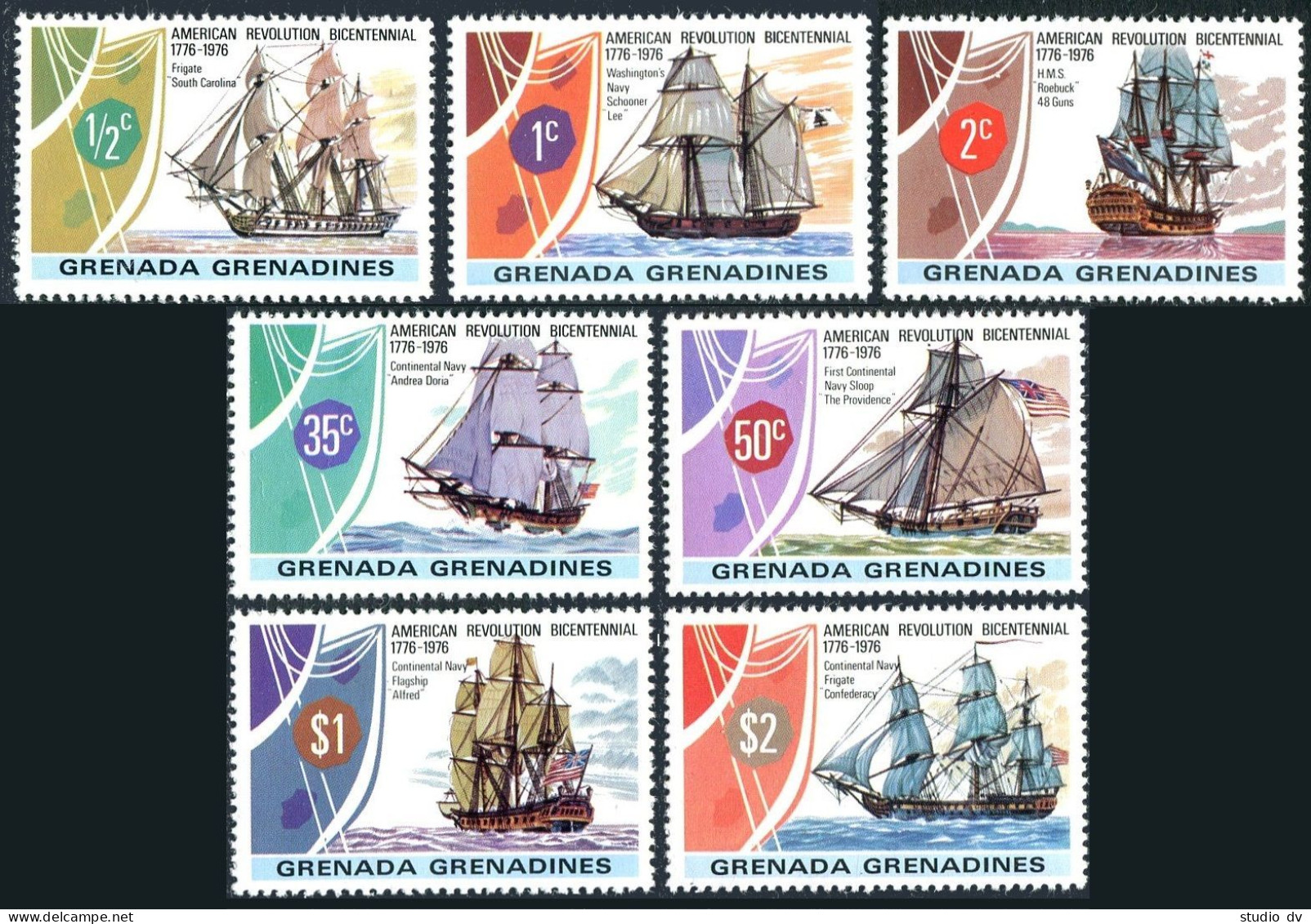 Grenada Gren 174-180, 181, Hinged. USA-200, 1976. Ships: Revolution War. - Grenada (1974-...)