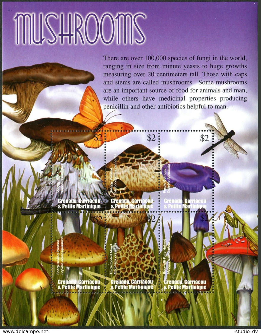 Grenada Grenadines 2411 Af Sheet, MNH. Mushrooms 2002. Insects. - Grenade (1974-...)