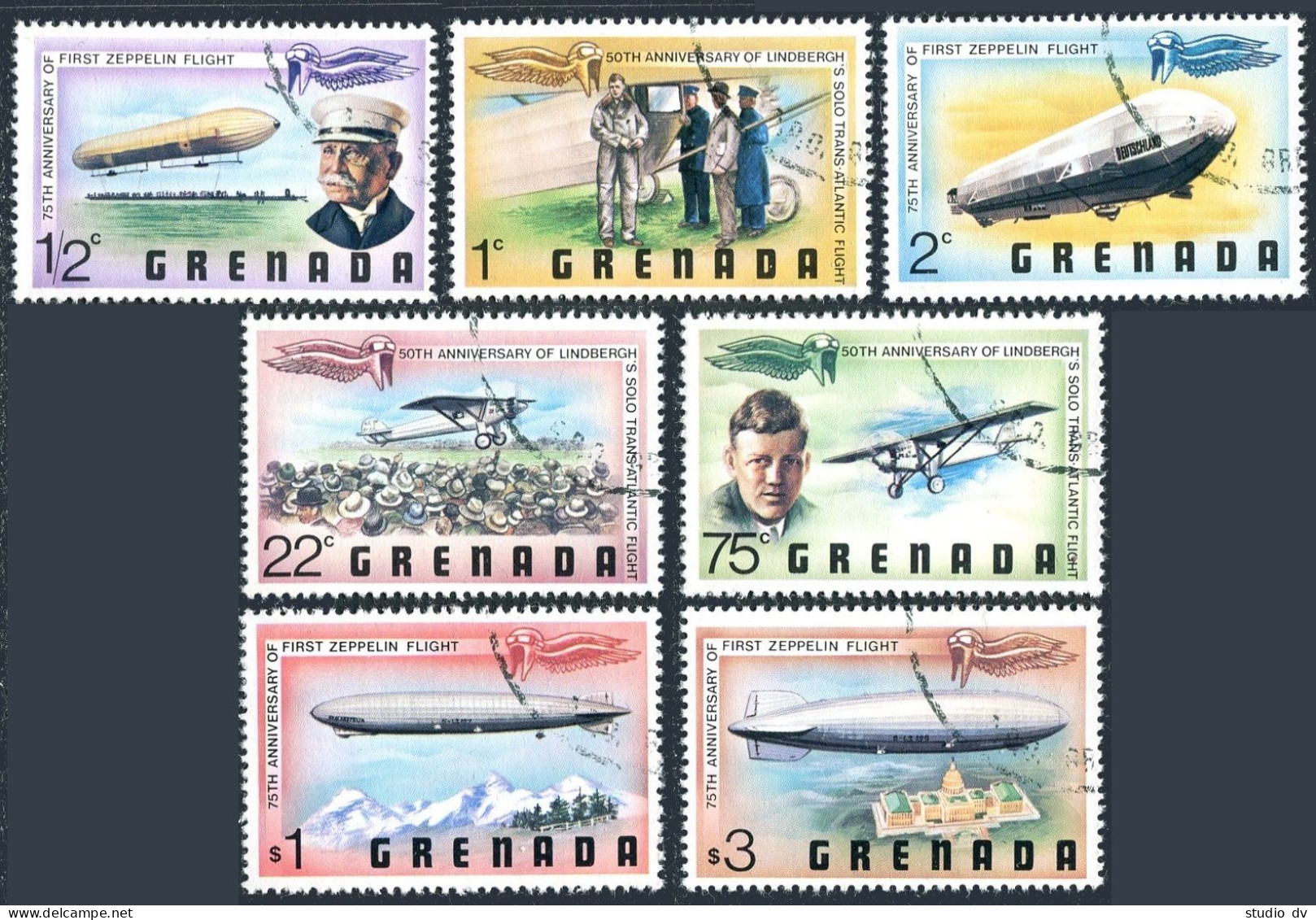 Grenada 834-840,841, CTO. Mi 872-878, Bl.69. Aviation, 1978. Lindbergh, Zeppelin - Grenade (1974-...)