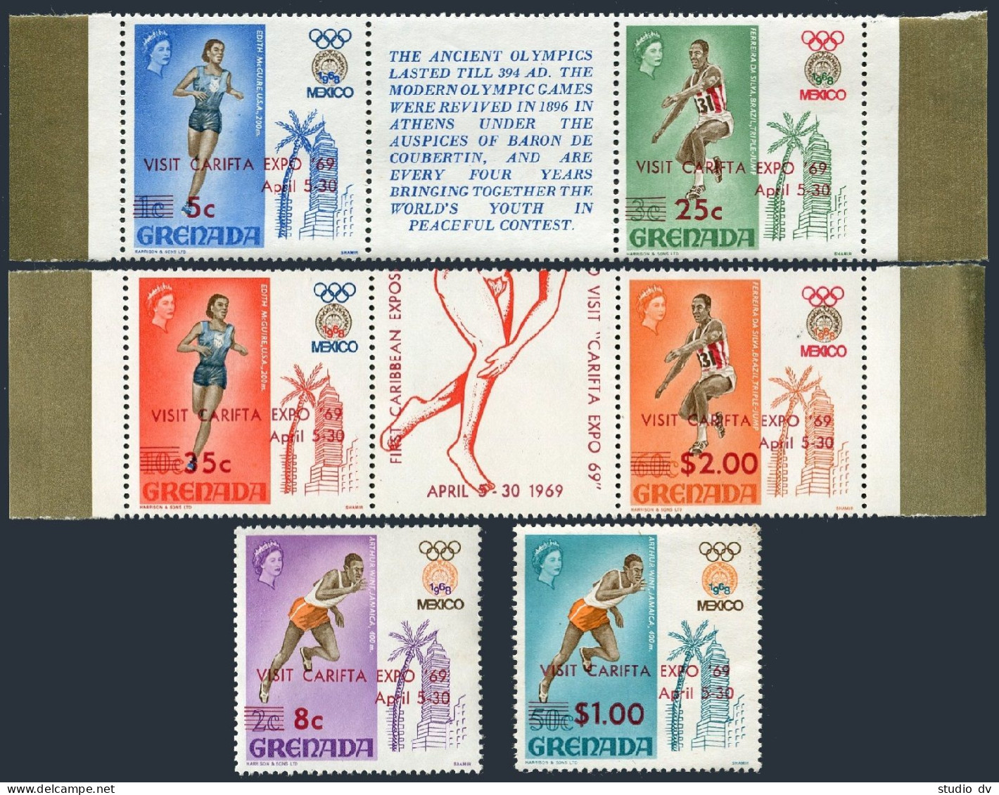 Grenada 310-315-labels, MNH. Mi 301-306. Olympics Mexico-1968. CARIFTA EXPO-1969 - Grenada (1974-...)