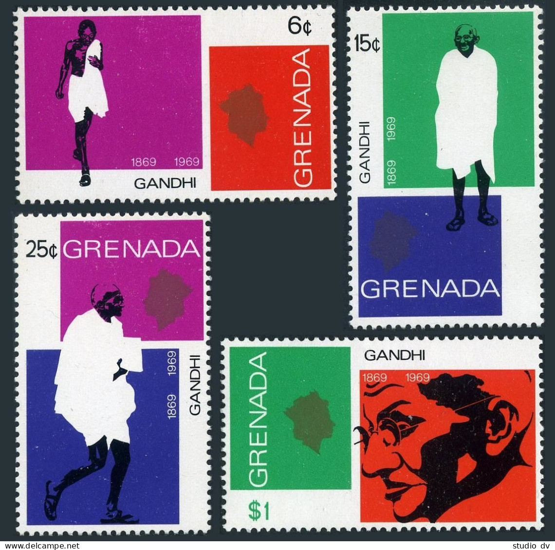 Grenada 337-340, 340a, MNH.Mi 328-331. Mahatma Gandhi,India's Independence,1969. - Grenade (1974-...)