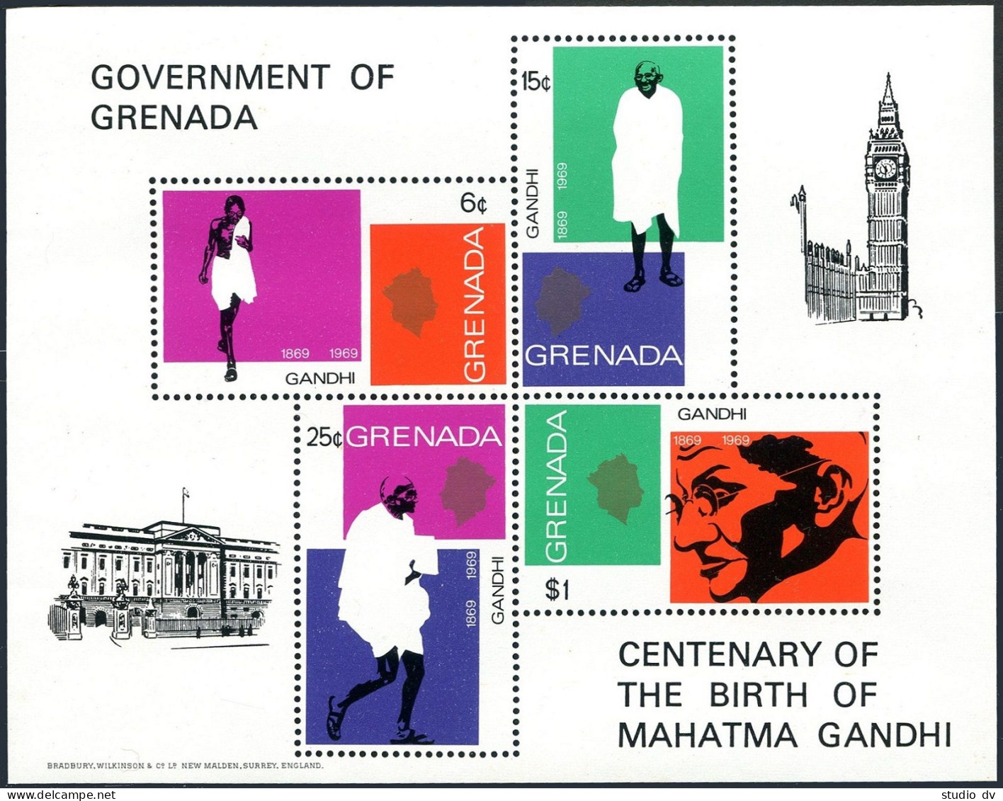 Grenada 337-340, 340a, MNH.Mi 328-331. Mahatma Gandhi,India's Independence,1969. - Grenada (1974-...)