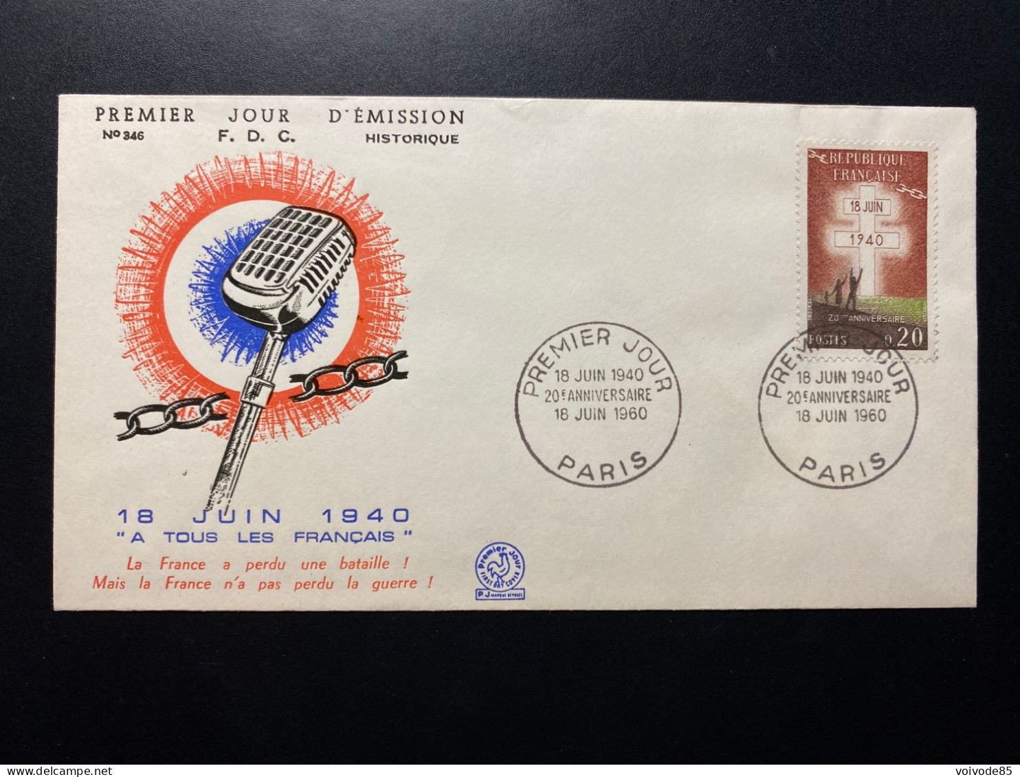 Enveloppe 1er Jour "20e Anniversaire De L'Appel Du Général De Gaulle" - 18/06/1960 - 1264 - Historique N° 346 - WW2 - 1960-1969