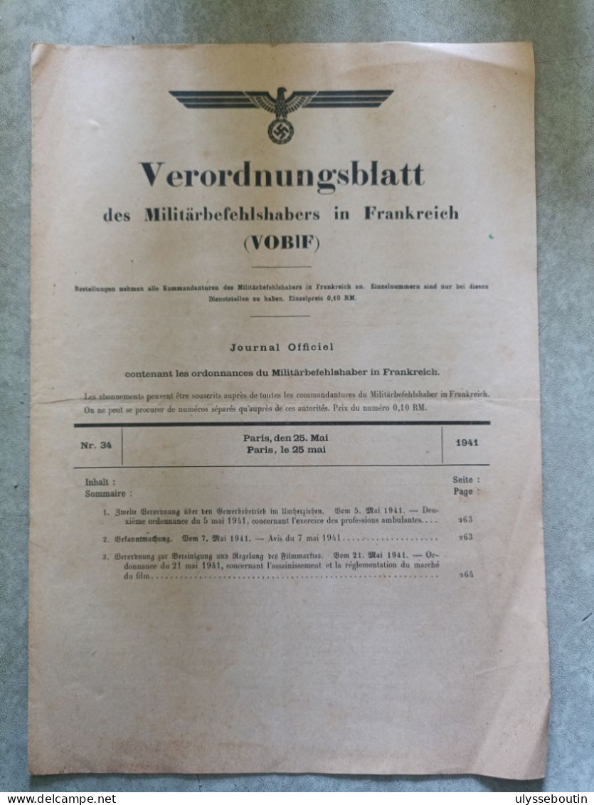 39/45 Verordnungsblatt Des Militärsbefehlshaber In Frankreich. Journal Officiel. 25 Mai 1941 - Documentos