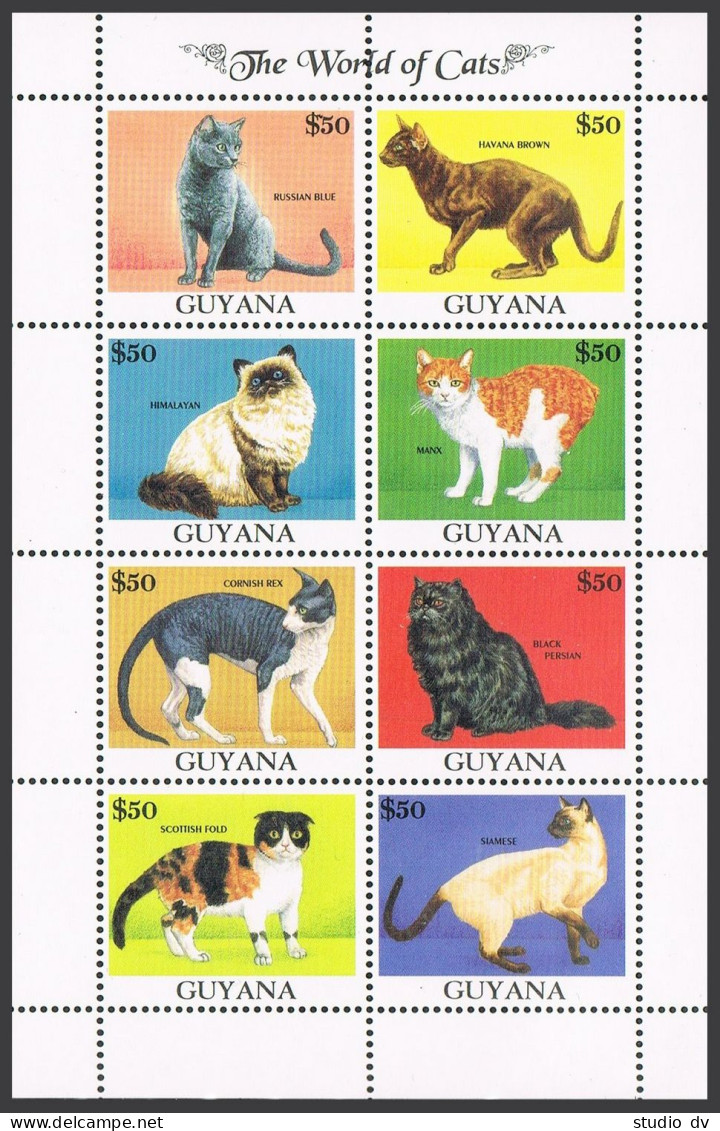 Guyana 2588A Bi Sheet, MNH. Mi 3843-3850 Klb. Cats 1992. Burmese, Turkish Van, - Guyana (1966-...)