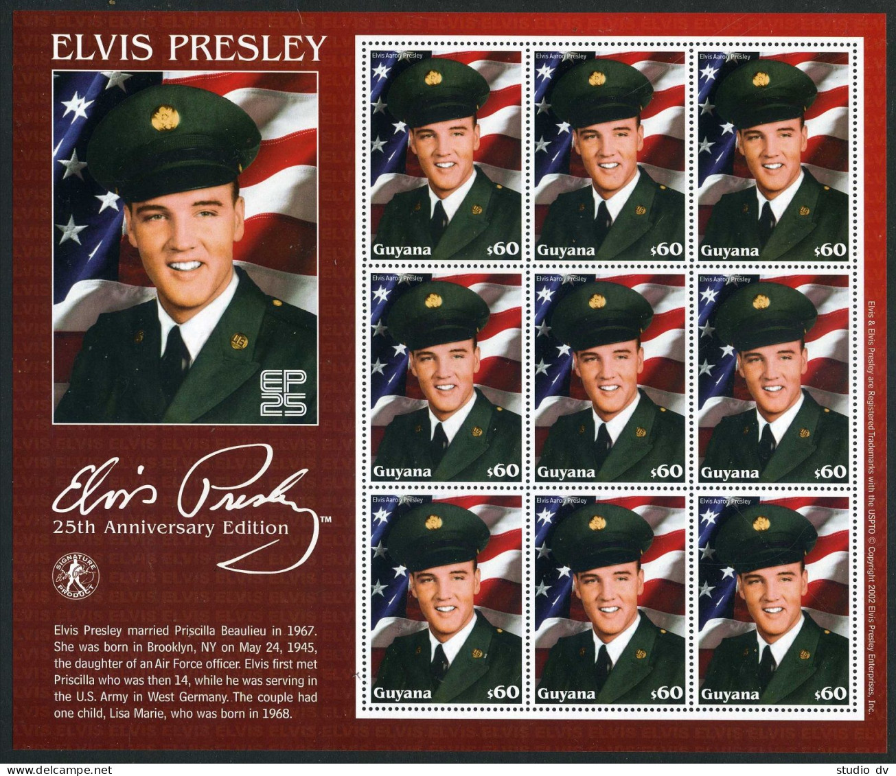 Guyana 3726-3727 Sheets,MNH. Elvis Presley,2002.In Army Uniform,Singing. - Guiana (1966-...)