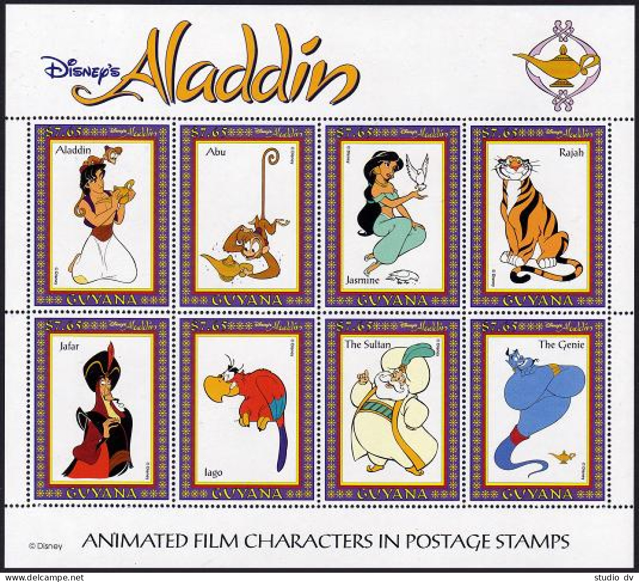 Guyana 2758 Ah Sheet,MNH.Michel 4474-4481 Klb. Disney Animated Film.Aladdin.1993 - Guyana (1966-...)